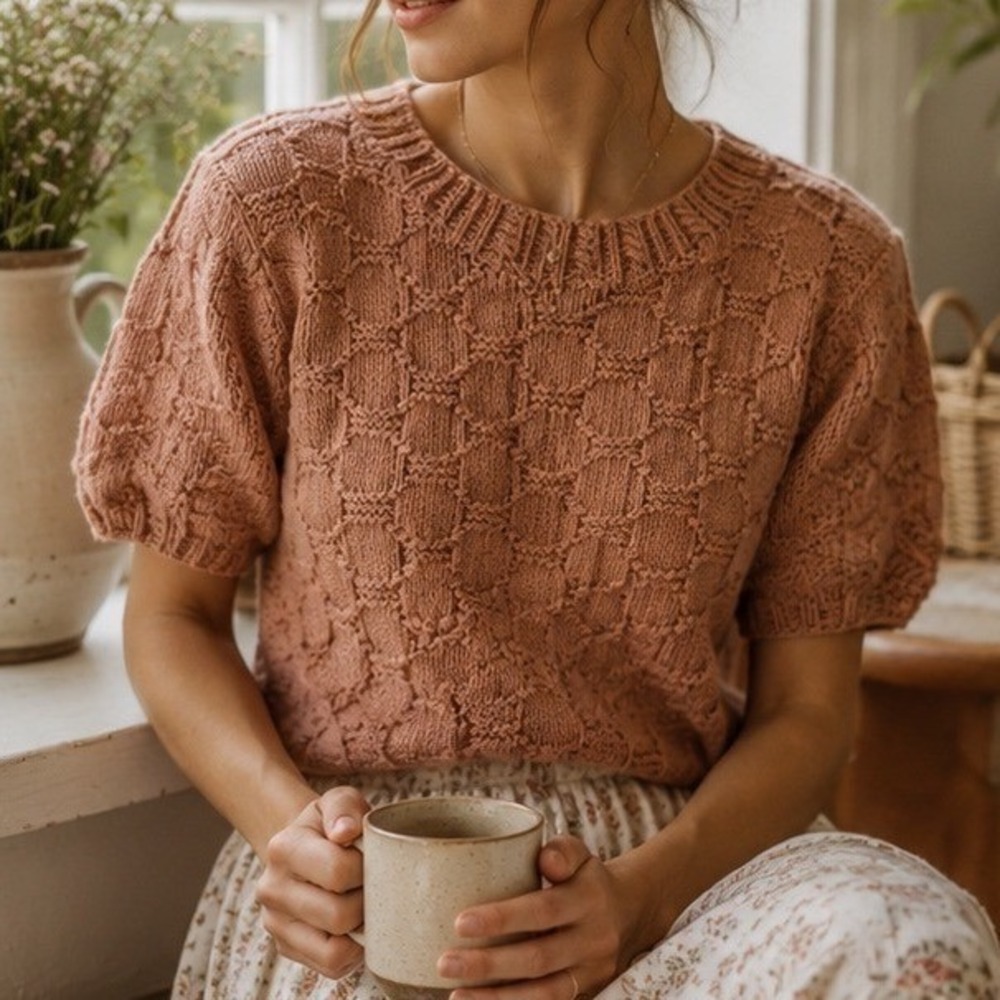 Handmade‎ Knit Sweater Women S/M Mauve Excellent Short Sleeve Textured Boho